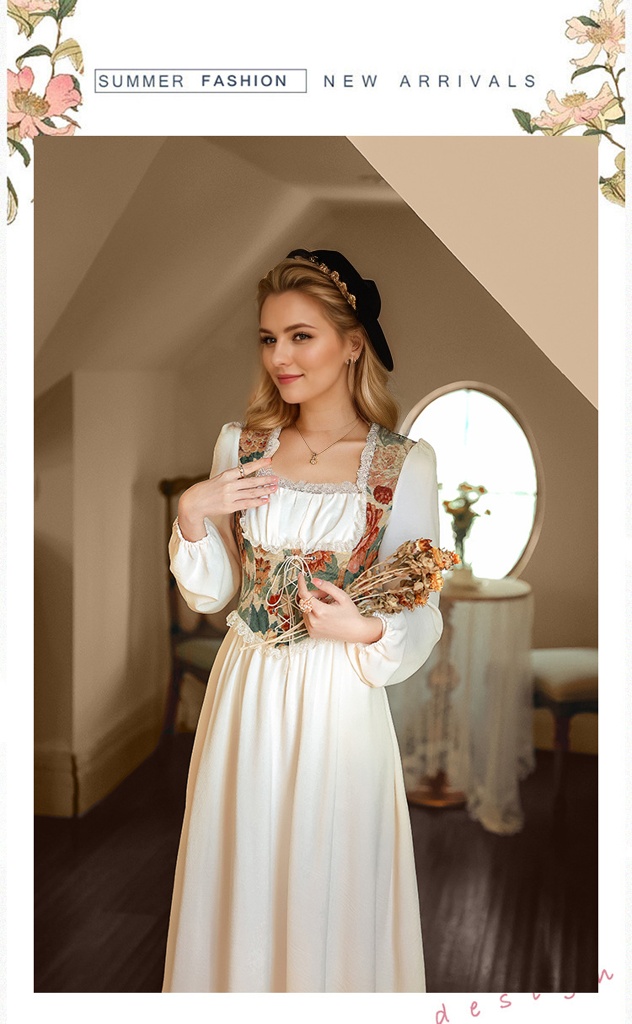 Elegant Cottage Style Princess Dresses Woman Vintage Chic Painting Corset Dress